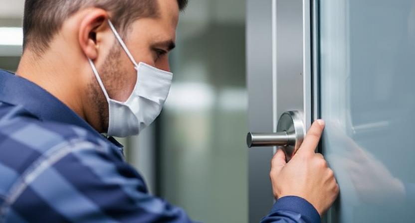 Locksmith repairing a commercial glass door lock